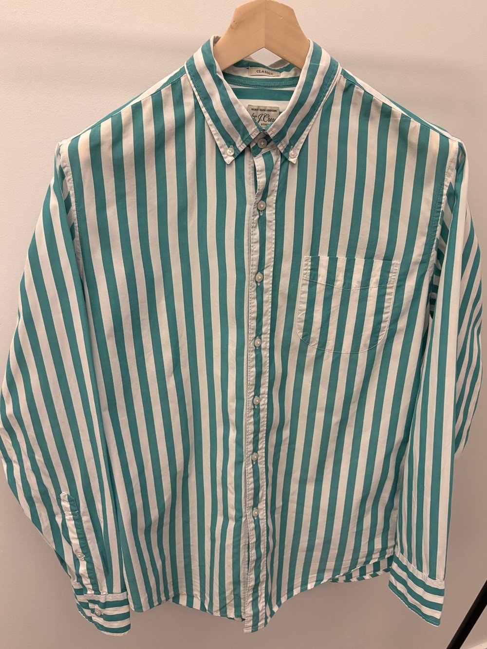 J. Crew Button Down Shirt Classic Fit Light Cotton Green/White Stripe M